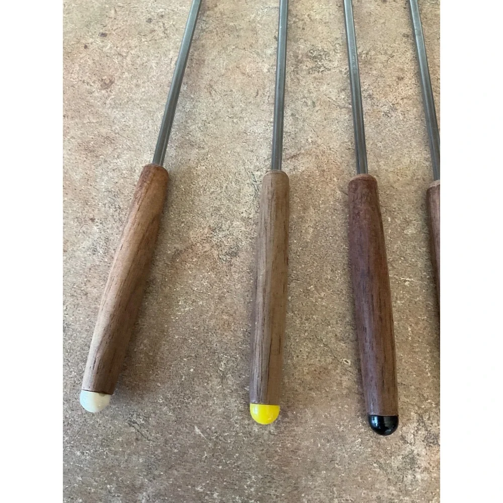 Vintage Fondue Forks Set 6 Stainless Steel Japan Teak Wood Handles Multi Color
